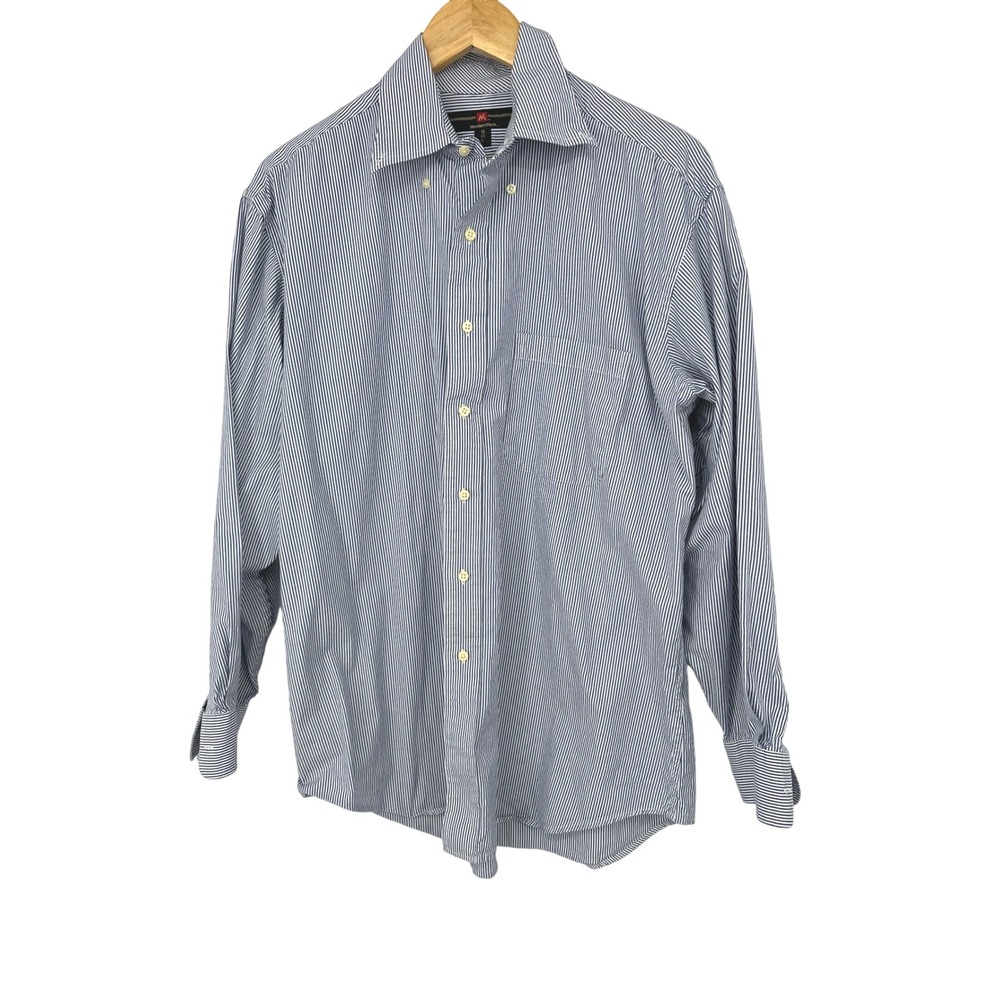 Members Mark Button Up Shirt Mens L Blue White Striped Cotton Long Sleeve Office